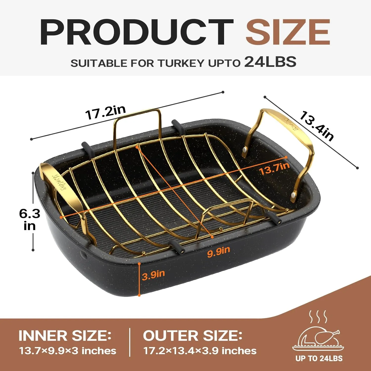 Roasting Pan, 17 Inch x 13 Inch Roaster with Removable Rack, Nonstick Roaster Pan for Roasting Turkey, Meat & Vegetables (Gold)