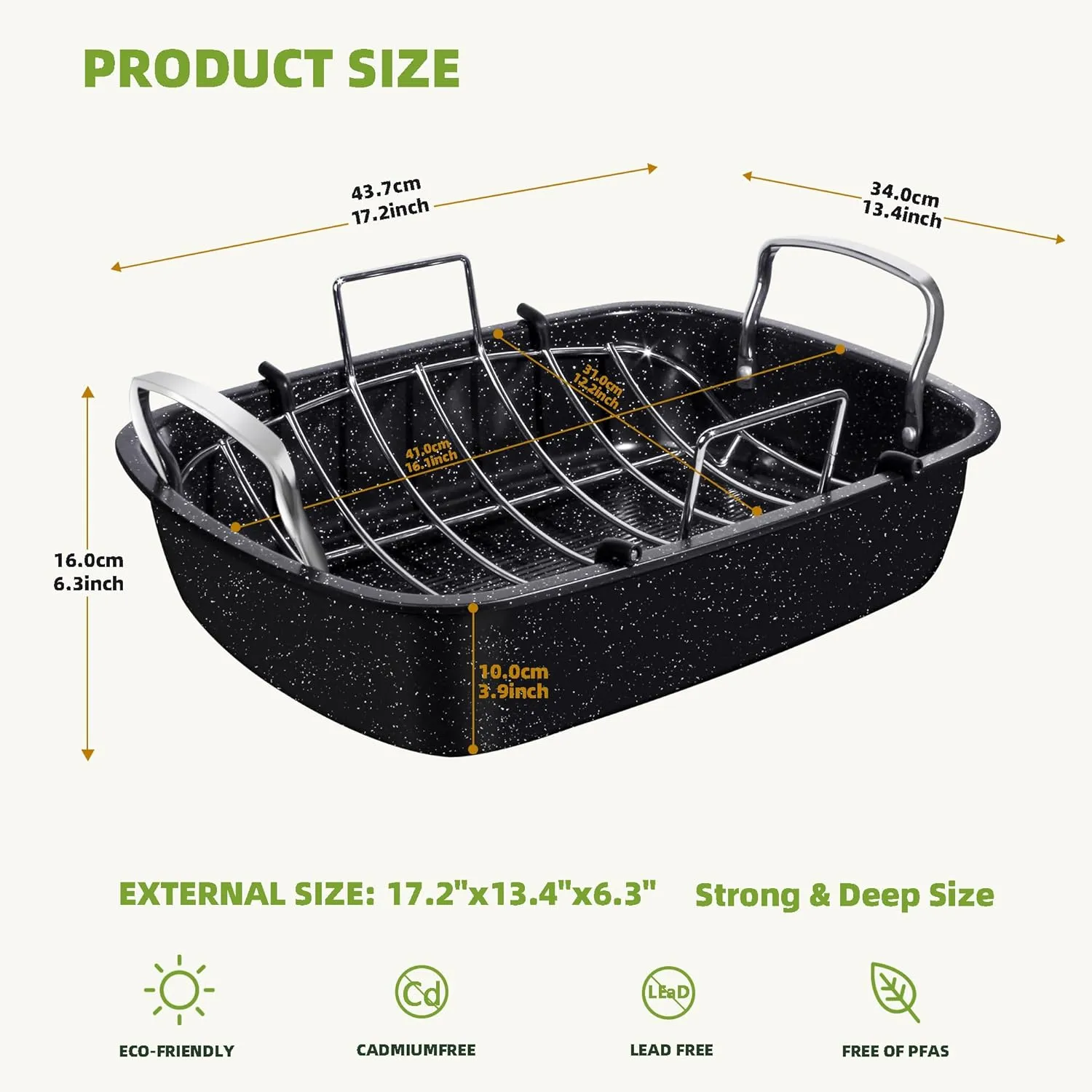 Roasting Pan with Rack, 17 x 13 Inch Nonstick Turkey Roaster with Steel Handles – Ideal for Ovens, Lasagna, Meat & Vegetables, Perfect for Thanksgiving & Christmas (Black)