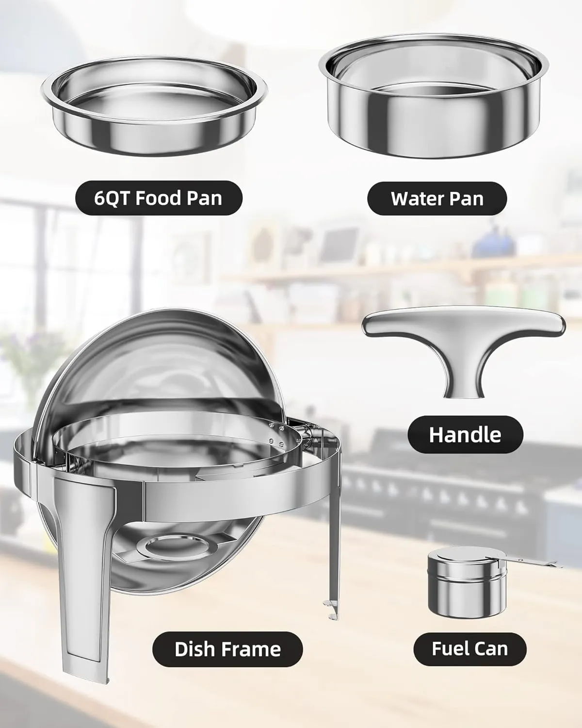 Roll Top Chafing Dish Buffet Set, 6 Qt Stainless Steel Chafer with 1 Full Size Pans, Round Catering Food Warmer Server with Lid Water Pan Stand Fuel Holder