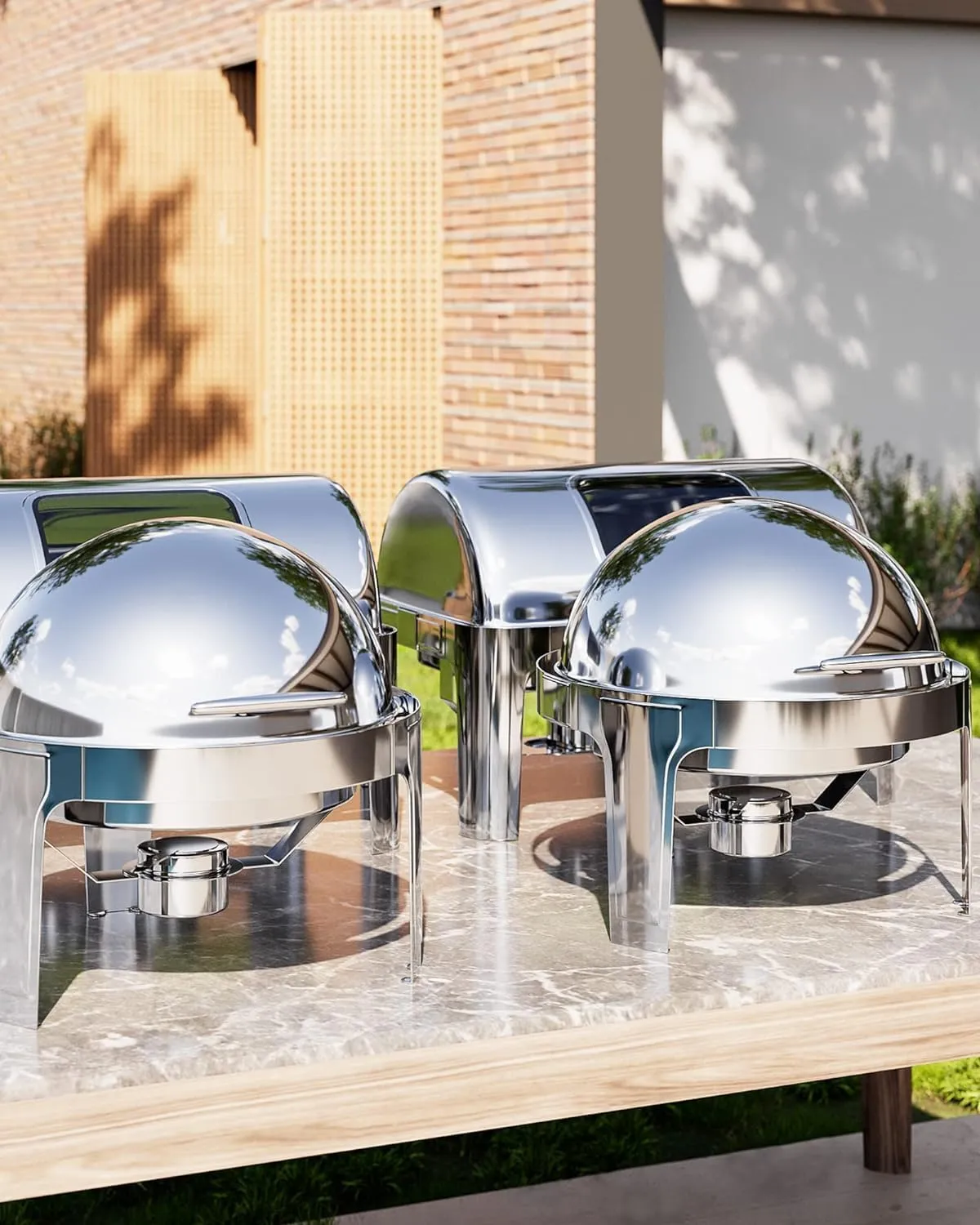 Roll Top Chafing Dish Buffet Set, 6 Qt Stainless Steel Chafer with 1 Full Size Pans, Round Catering Food Warmer Server with Lid Water Pan Stand Fuel Holder