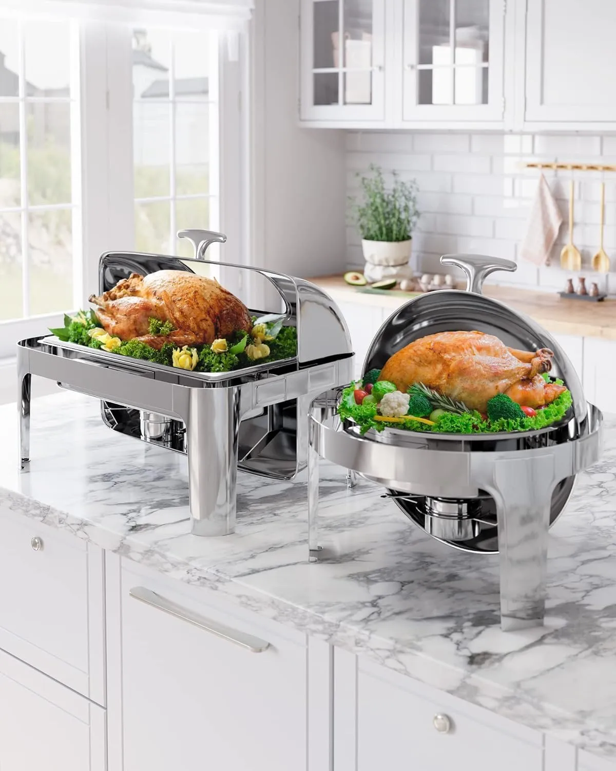 Roll Top Chafing Dish Buffet Set, 6 Qt Stainless Steel Chafer with 1 Full Size Pans, Round Catering Food Warmer Server with Lid Water Pan Stand Fuel Holder