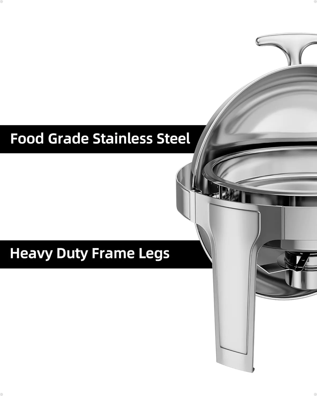 Roll Top Chafing Dish Buffet Set, 6 Qt Stainless Steel Chafer with 1 Full Size Pans, Round Catering Food Warmer Server with Lid Water Pan Stand Fuel Holder