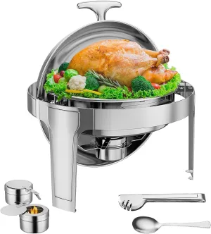 Roll Top Chafing Dish Buffet Set, 6 Qt Stainless Steel Chafer with 1 Full Size Pans, Round Catering Food Warmer Server with Lid Water Pan Stand Fuel Holder