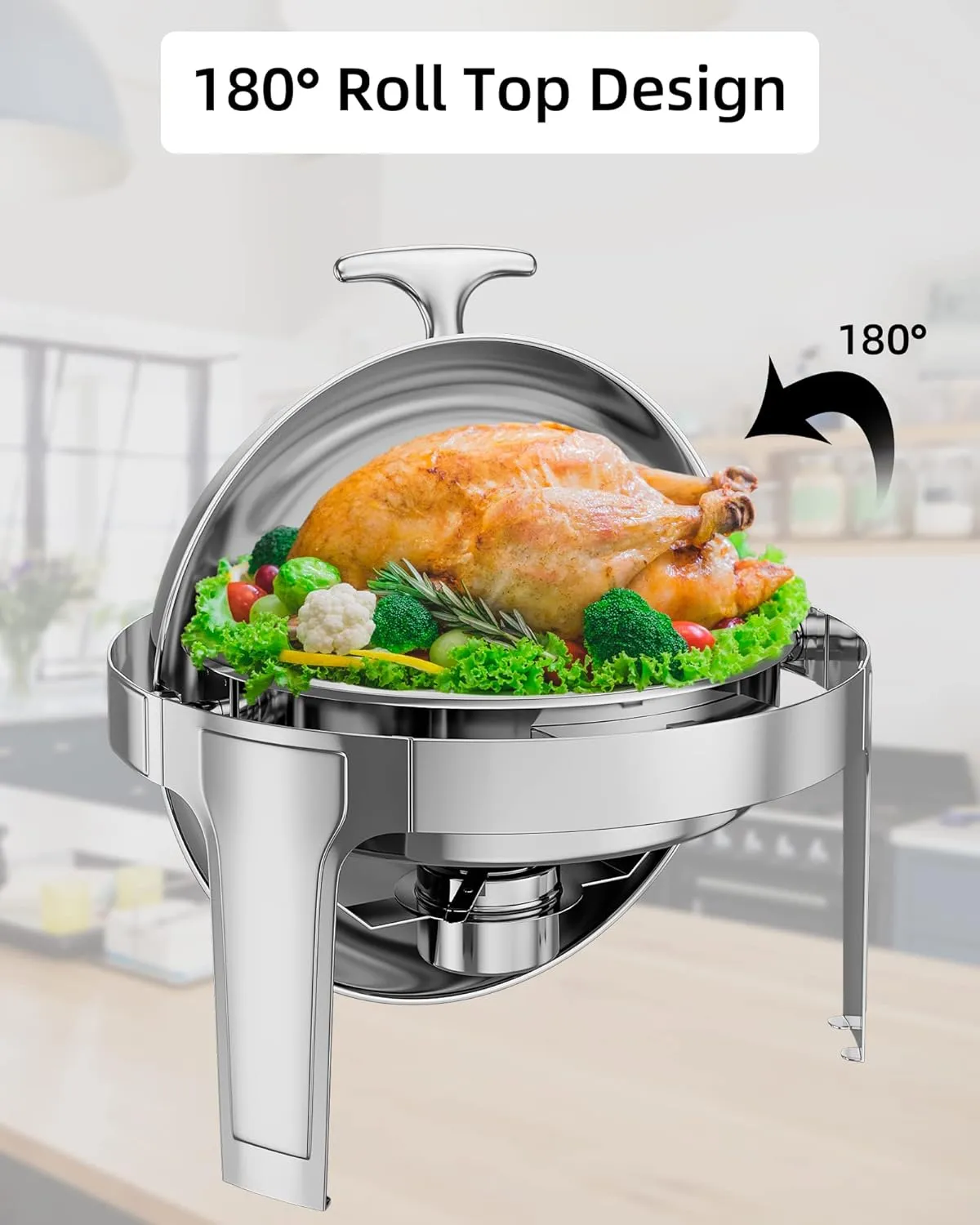 Roll Top Chafing Dish Buffet Set, 6 Qt Stainless Steel Chafer with 1 Full Size Pans, Round Catering Food Warmer Server with Lid Water Pan Stand Fuel Holder