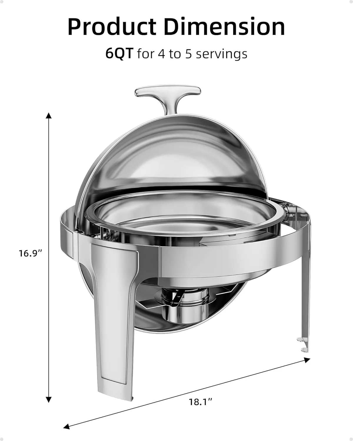 Roll Top Chafing Dish Buffet Set, 6 Qt Stainless Steel Chafer with 1 Full Size Pans, Round Catering Food Warmer Server with Lid Water Pan Stand Fuel Holder