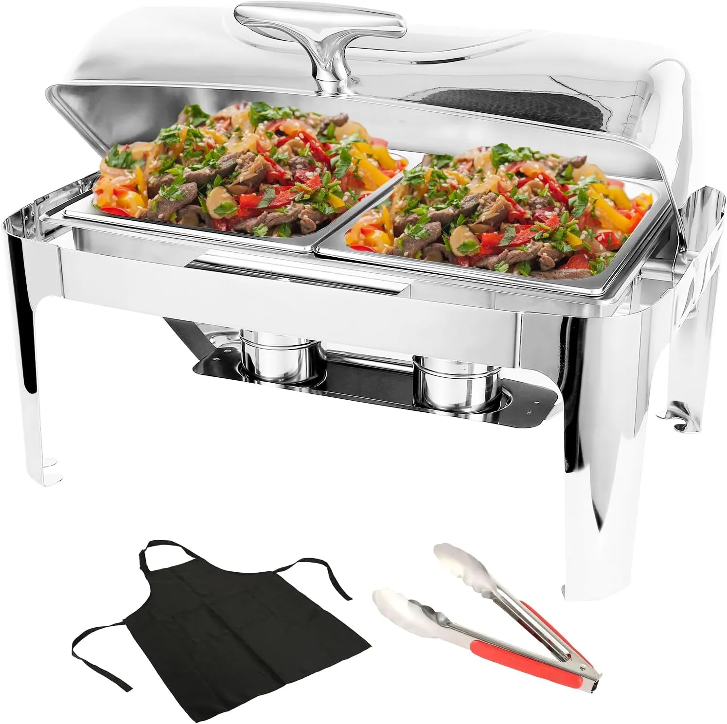 Roll Top Chafing Dish Buffet Set w/Visible Window, 9QT Stainless Steel Chafers and Buffet Warmer for Catering with Half Size Food & Water Pan, Fold Frame, Fuel Holder for Event Party Holiday