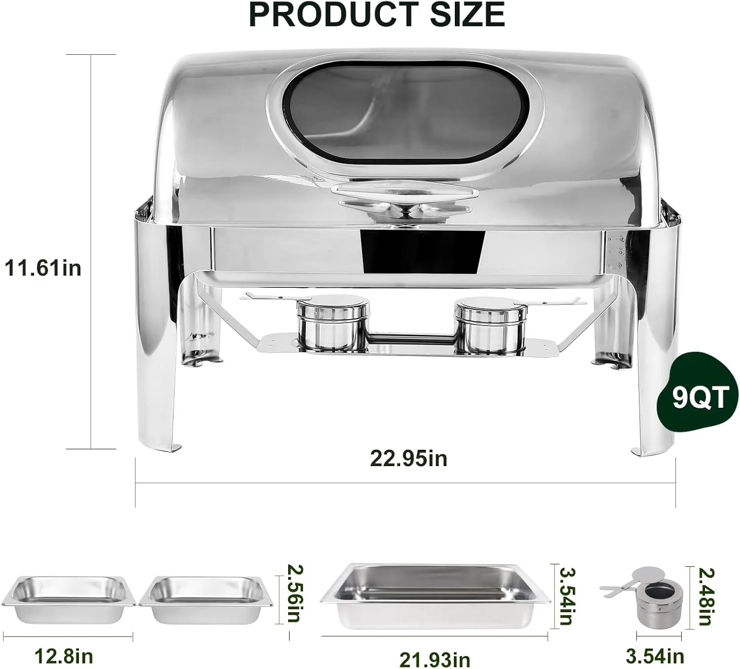 Roll Top Chafing Dish Buffet Set w/Visible Window, 9QT Stainless Steel Chafers and Buffet Warmer for Catering with Half Size Food & Water Pan, Fold Frame, Fuel Holder for Event Party Holiday
