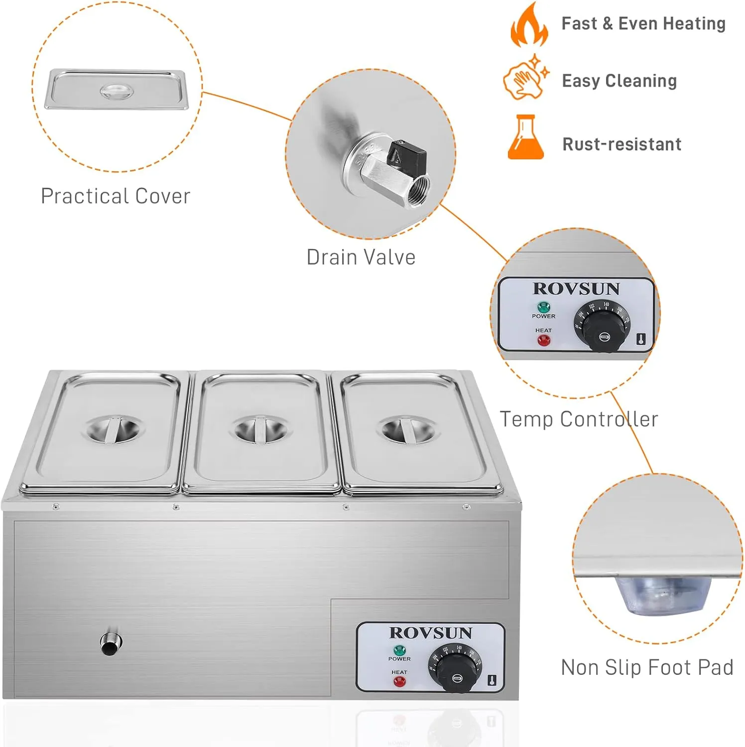 ROVSUN 21QT Electric Commercial Food Warmer, 3-Pan Steam Table 6.9 QT/Pan Stainless Steel Bain Marie Buffet Countertop with Temperature Control & Lid for Parties, Catering, Restaurants 110V