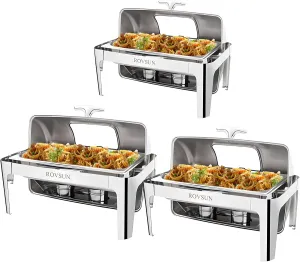 ROVSUN 3 Pack Roll Top Chafing Dish Buffet Set,9 Quart Rectangular NSF Stainless Steel Chafer for Catering,Buffet Servers and Warmers Set with Glass Window for Wedding, Parties, Banquet, Full Size