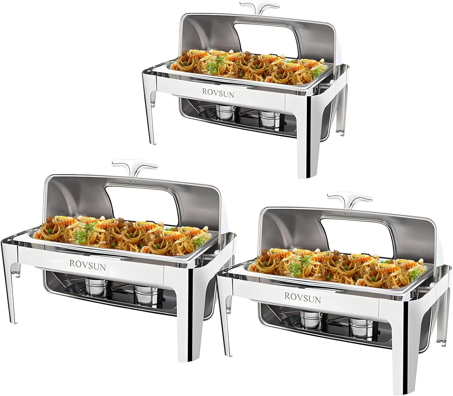 ROVSUN 3 Pack Roll Top Chafing Dish Buffet Set,9 Quart Rectangular NSF Stainless Steel Chafer for Catering,Buffet Servers and Warmers Set with Glass Window for Wedding, Parties, Banquet, Full Size