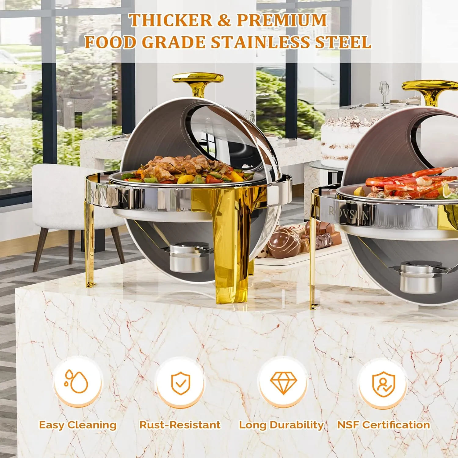 ROVSUN 3 Packs Roll Top Chafing Dish Buffet Set Gold Accent,6 Quart Round Stainless Steel Chafer, Buffet Servers and Warmers Set Warming Tray with Glass Window for Wedding, Parties, Banquet, Events