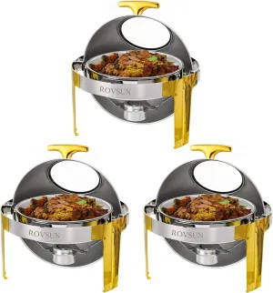 ROVSUN 3 Packs Roll Top Chafing Dish Buffet Set Gold Accent,6 Quart Round Stainless Steel Chafer, Buffet Servers and Warmers Set Warming Tray with Glass Window for Wedding, Parties, Banquet, Events