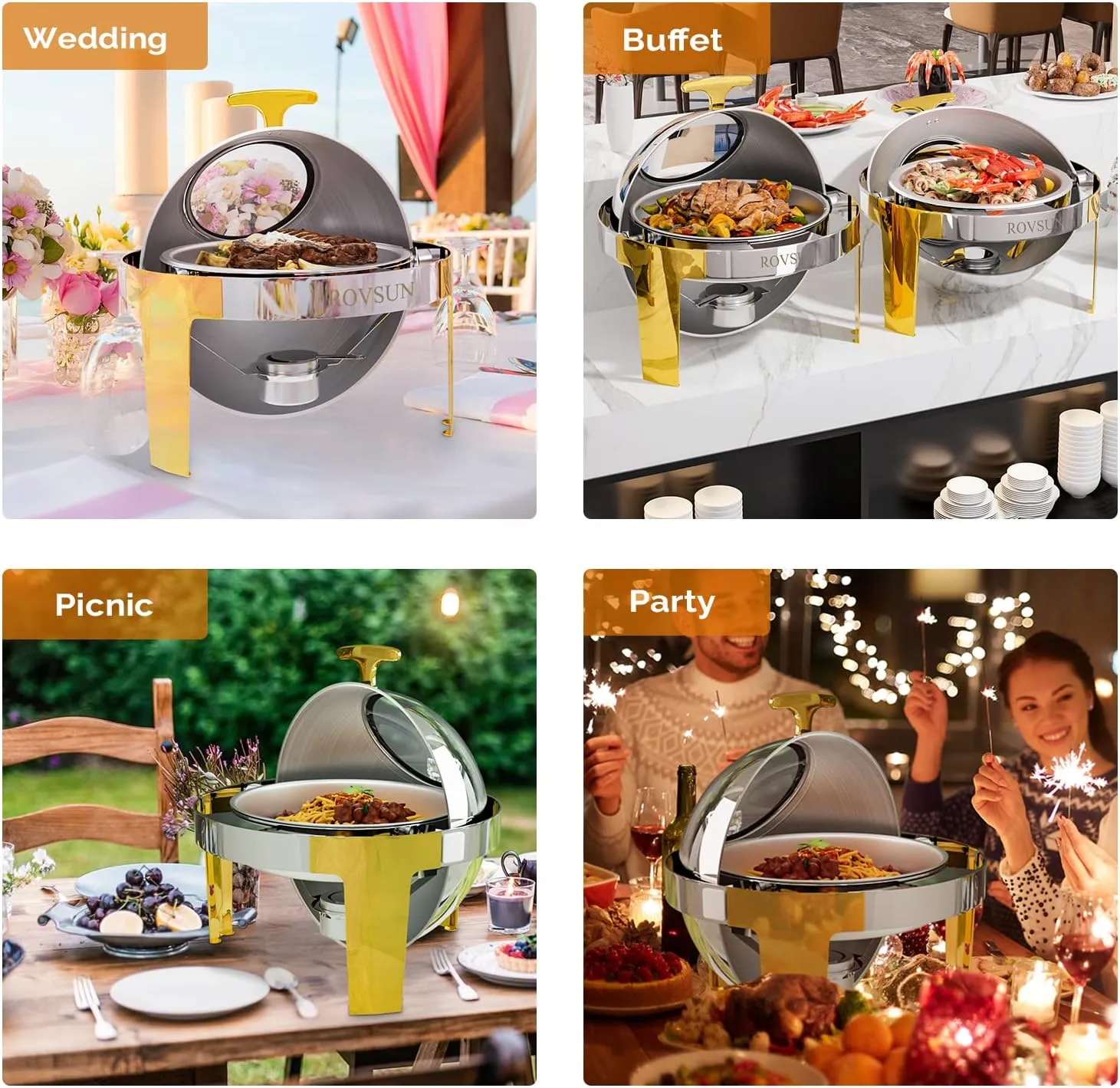 ROVSUN 3 Packs Roll Top Chafing Dish Buffet Set Gold Accent,6 Quart Round Stainless Steel Chafer, Buffet Servers and Warmers Set Warming Tray with Glass Window for Wedding, Parties, Banquet, Events
