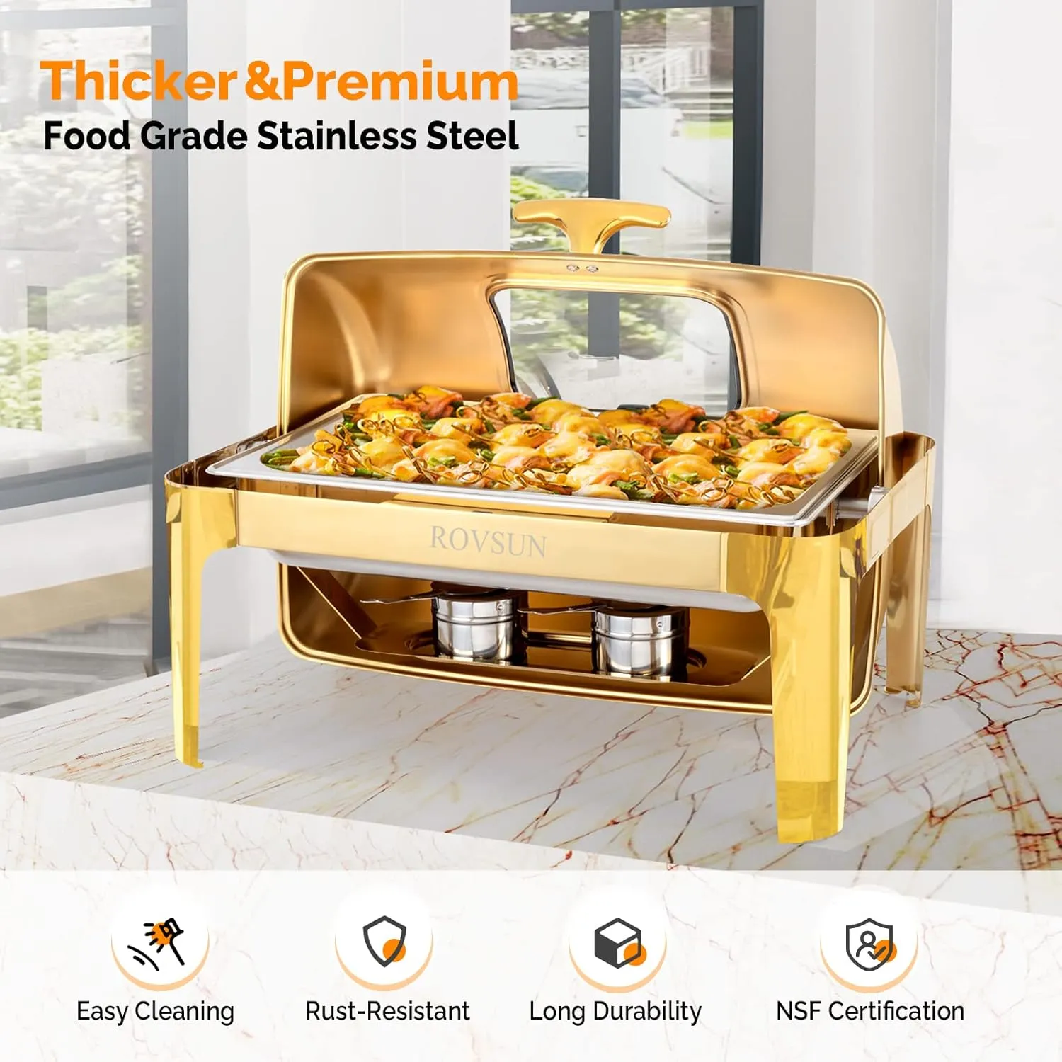 ROVSUN 9QT Roll Top Chafing Dish Buffet Set,Rectangular NSF Stainless Steel Buffet Warmer Chafers and Buffet Warmers Sets with Thick Frame for Catering Events Parties Weddings Dinners,Gold