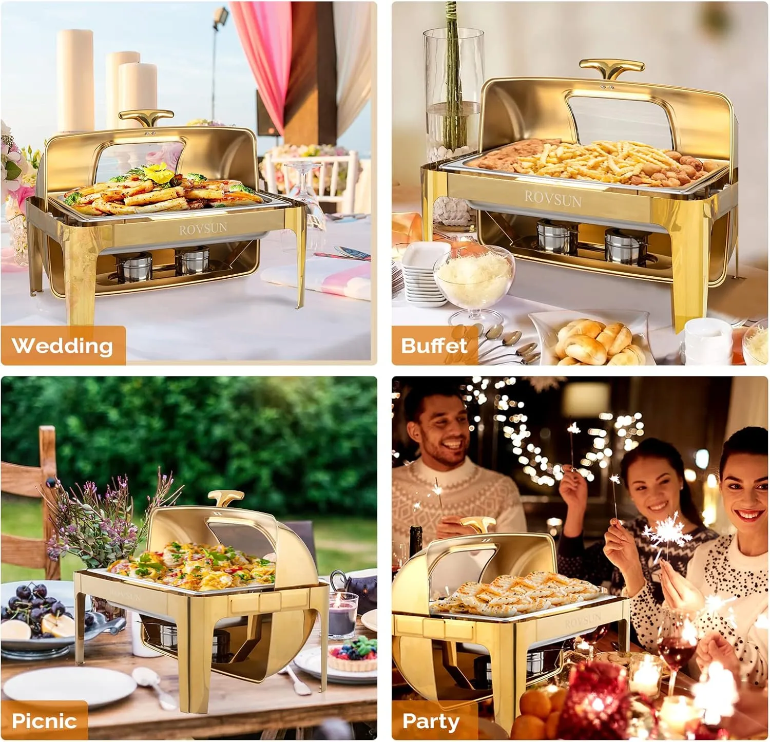 ROVSUN 9QT Roll Top Chafing Dish Buffet Set,Rectangular NSF Stainless Steel Buffet Warmer Chafers and Buffet Warmers Sets with Thick Frame for Catering Events Parties Weddings Dinners,Gold