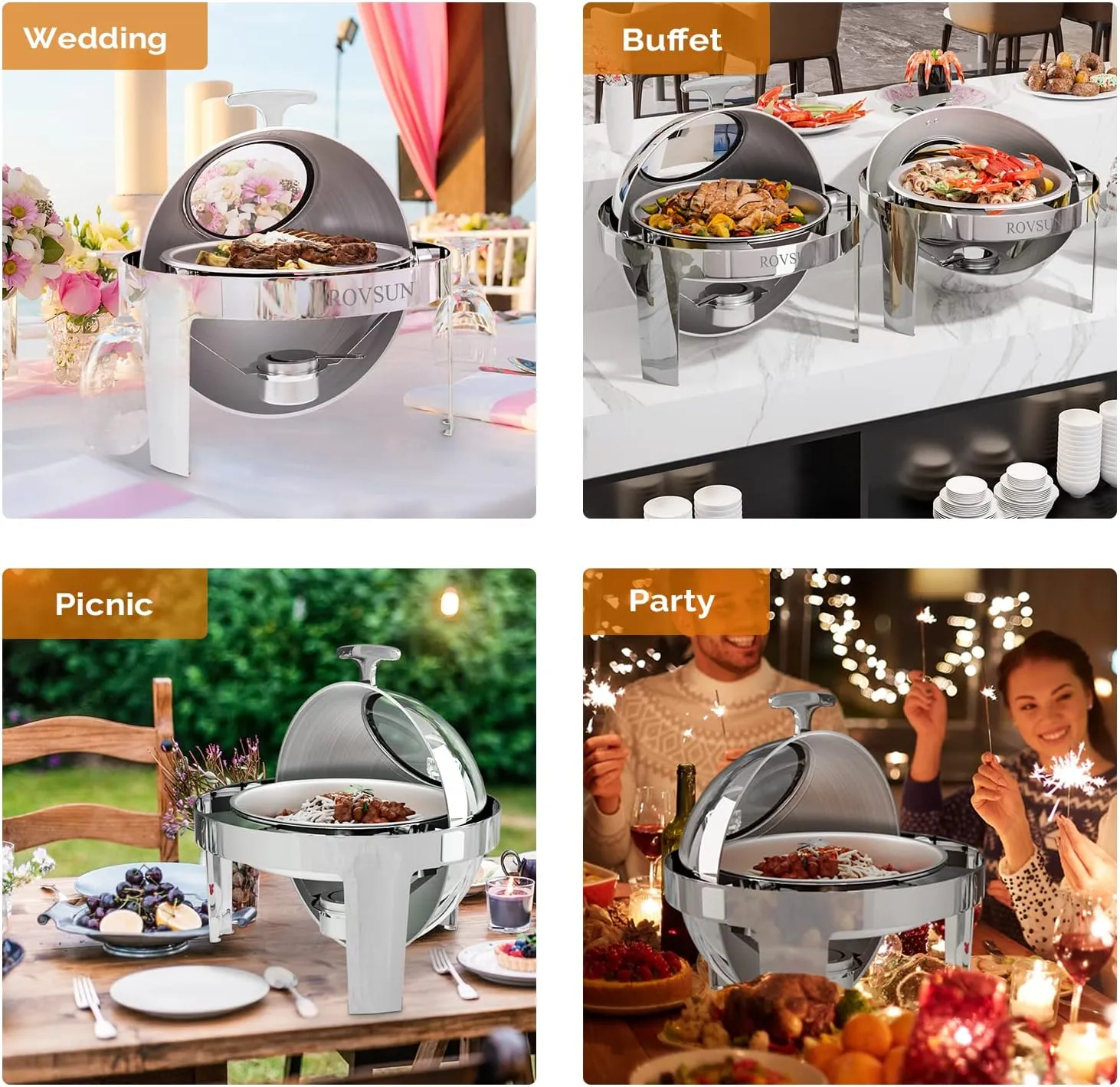 ROVSUN Roll Top Chafing Dish Buffet Set,6 Quart Round Stainless Steel Chafer for Catering,Buffet Servers and Warmers Set with Glass Window for Wedding, Parties, Banquet, Events，Graduation