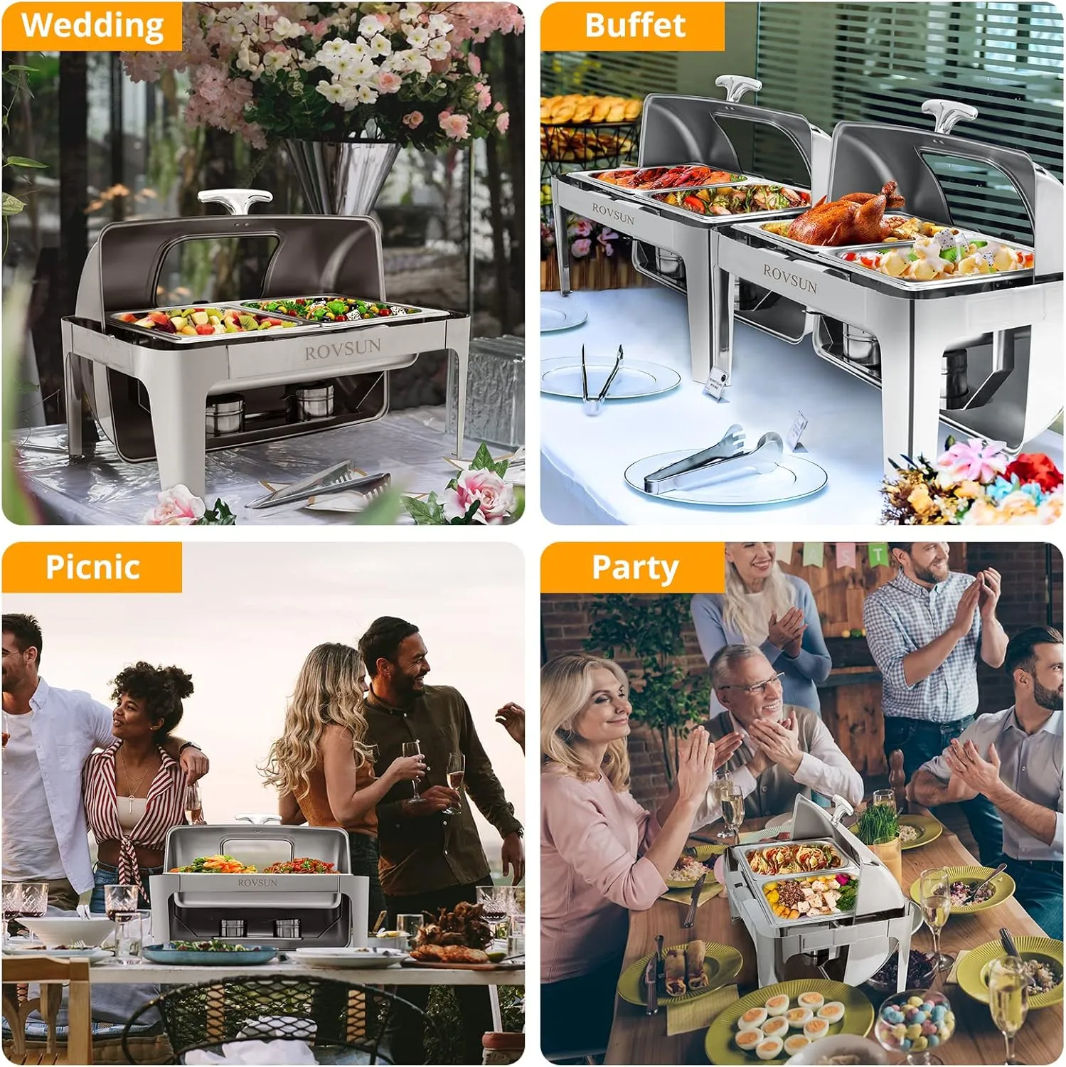 ROVSUN Roll Top Chafing Dish Buffet Set,NSF 9 Quart Rectangular Stainless Steel Chafer for Catering,Buffet Servers and Warmers Set with Glass Window for Wedding, Parties, Banquet, Events,2 Half Size