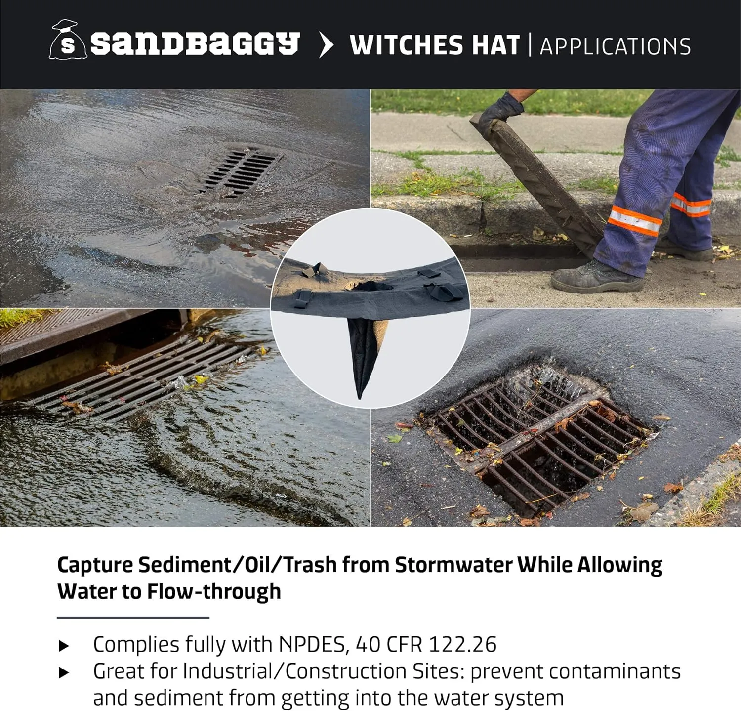 Sandbaggy Oil & Sediment Guard | Witches Hat | Catch Basin/Storm Drain Filter | 36" Length by 48" Width by 18 Inch Tall (Pack of 5)