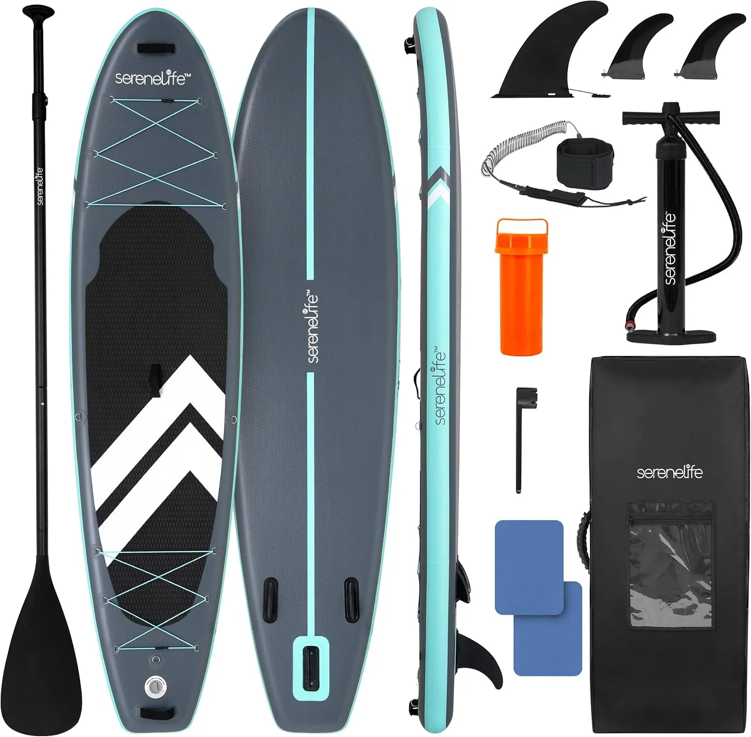 SereneLife 11’ Inflatable Stand Up Paddle Board with Premium SUP Accessories - 32” Wide Stable Design with Non-Slip EVA Deck Pad for Youth and Adults, 350 lbs. Capacity