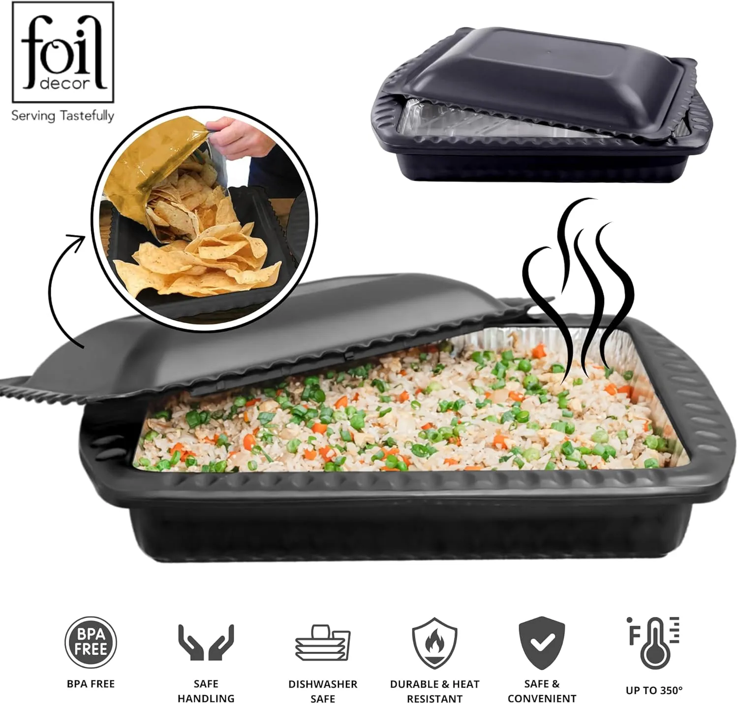 Serving and Casserole Carrier for 9x13x2 Foil Pan, Heat Resistant w/Handles, Snap on Lid Doubles as a Serving Dish, 1 Foil Pan included, BPA Free Made in USA-Black
