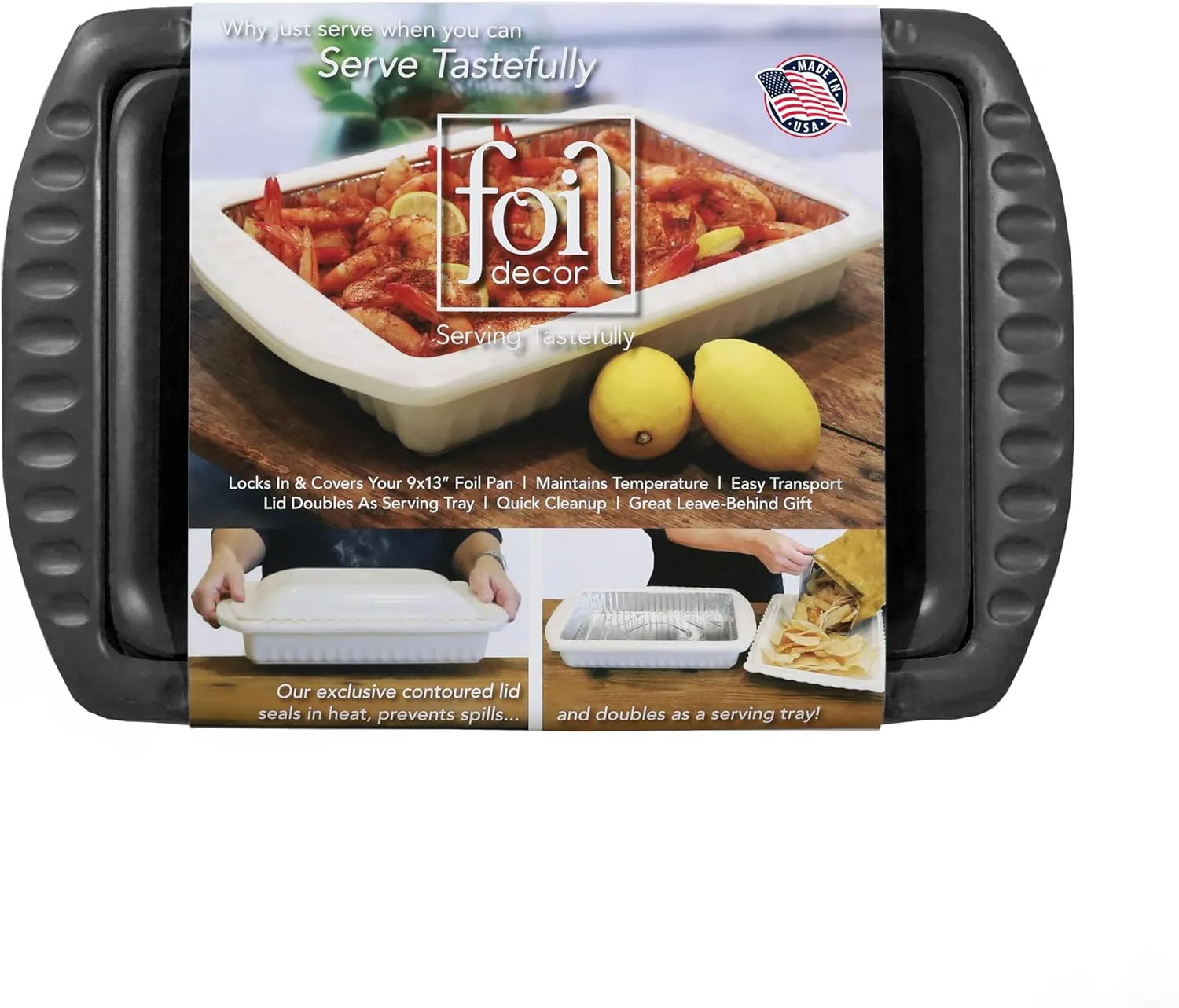Serving and Casserole Carrier for 9x13x2 Foil Pan, Heat Resistant w/Handles, Snap on Lid Doubles as a Serving Dish, 1 Foil Pan included, BPA Free Made in USA-Black