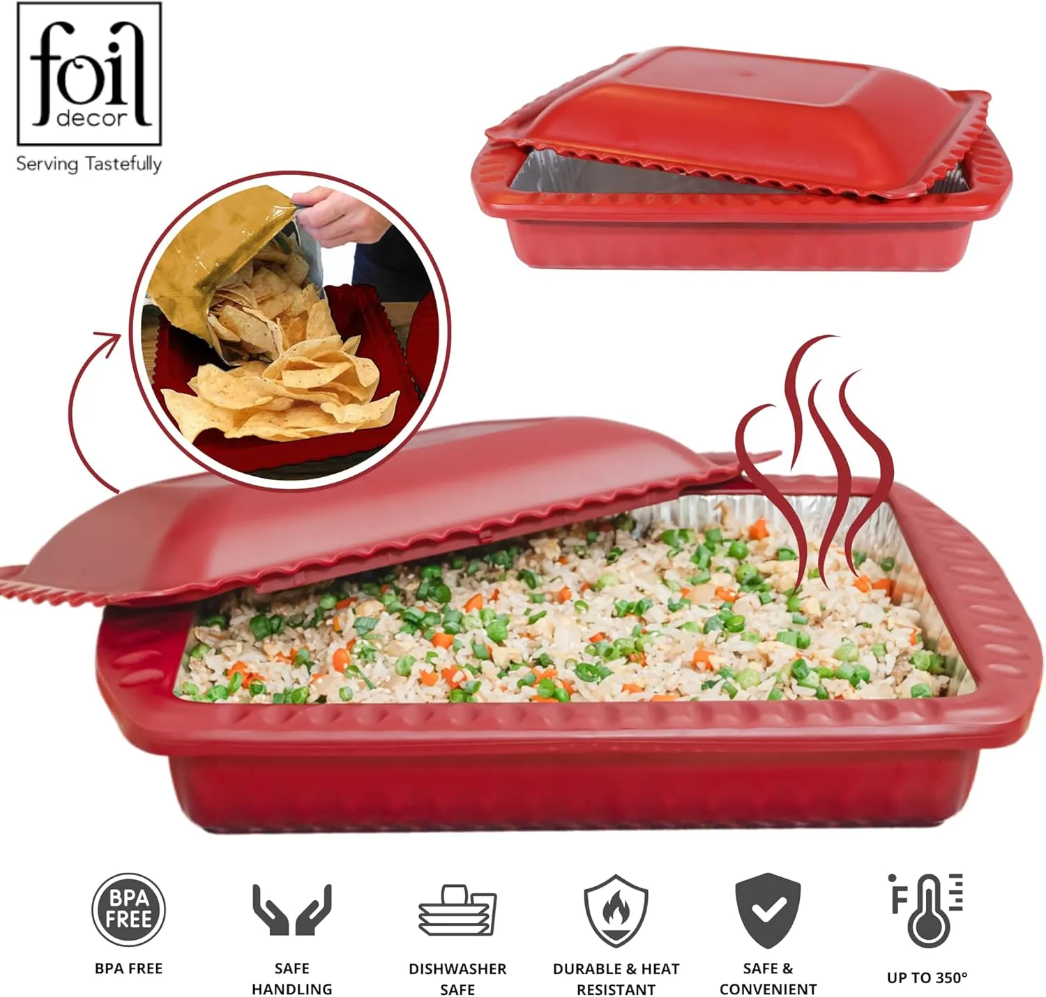 Serving and Casserole Carrier for 9x13x2 Foil Pans, Heat Resistant w/ Handles, Lid Locks in Place for Safe and Easy Carrying, Lid Doubles as a Serving Dish, 1 Aluminum Pan included, BPA Free Made in USA-Red