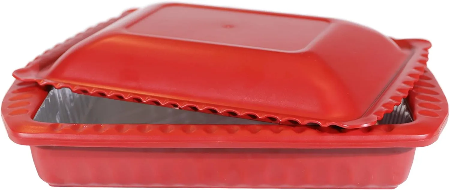 Serving and Casserole Carrier for 9x13x2 Foil Pans, Heat Resistant w/ Handles, Lid Locks in Place for Safe and Easy Carrying, Lid Doubles as a Serving Dish, 1 Aluminum Pan included, BPA Free Made in USA-Red