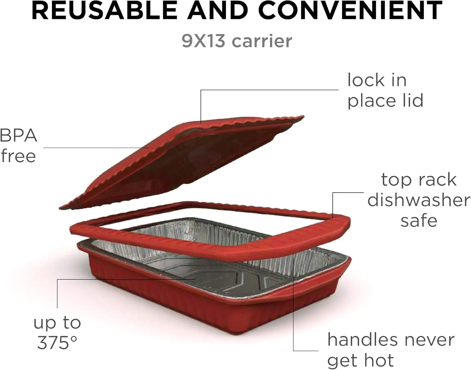 Serving and Casserole Carrier for 9x13x2 Foil Pans, Heat Resistant w/ Handles, Lid Locks in Place for Safe and Easy Carrying, Lid Doubles as a Serving Dish, 1 Aluminum Pan included, BPA Free Made in USA-Red
