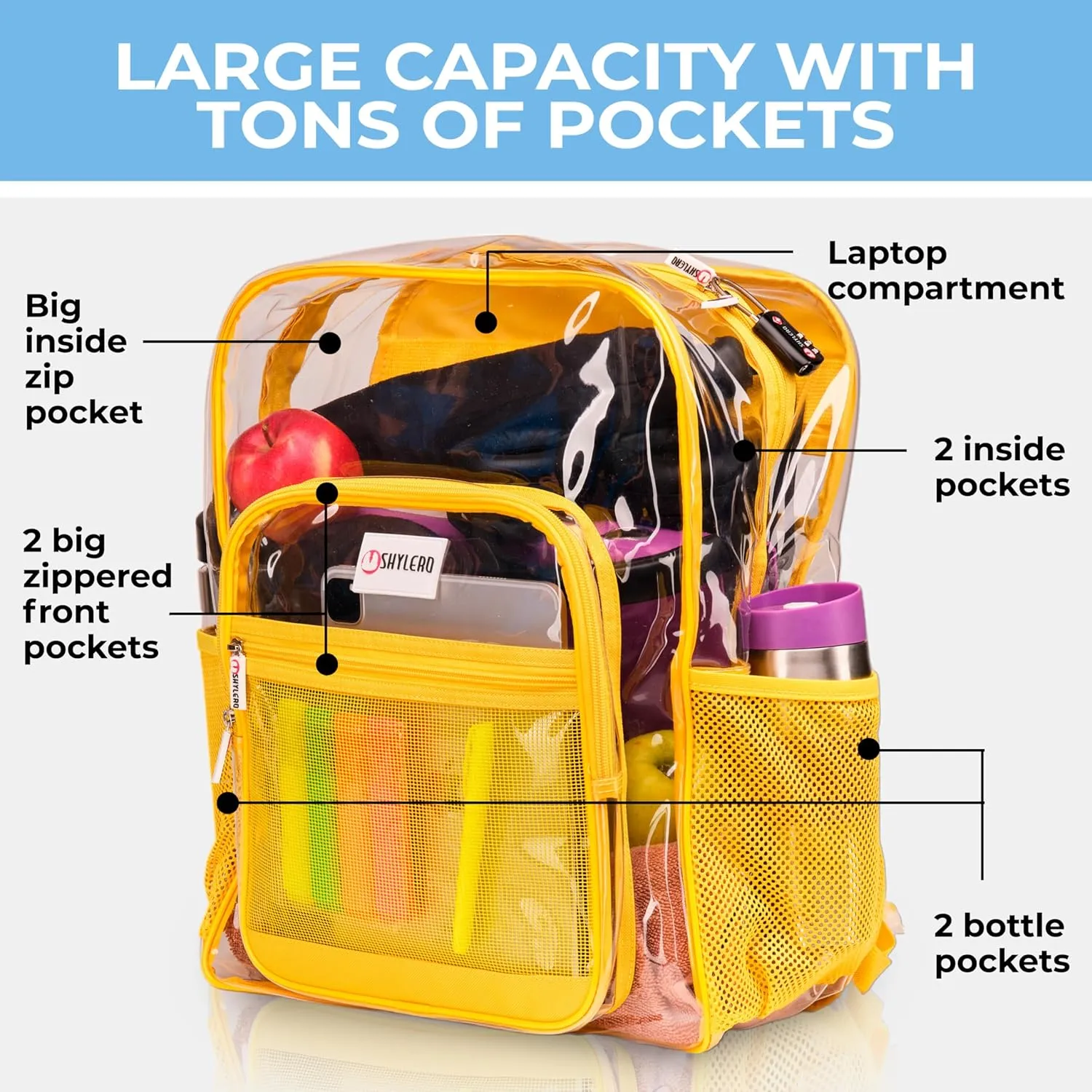 SHYLERO Clear Backpack Heavy Duty has TSA Lock, 2-WAY Zipper. PVC Transparent Backpack Is Extra Large - H18''xW14''xD8 - Yellow