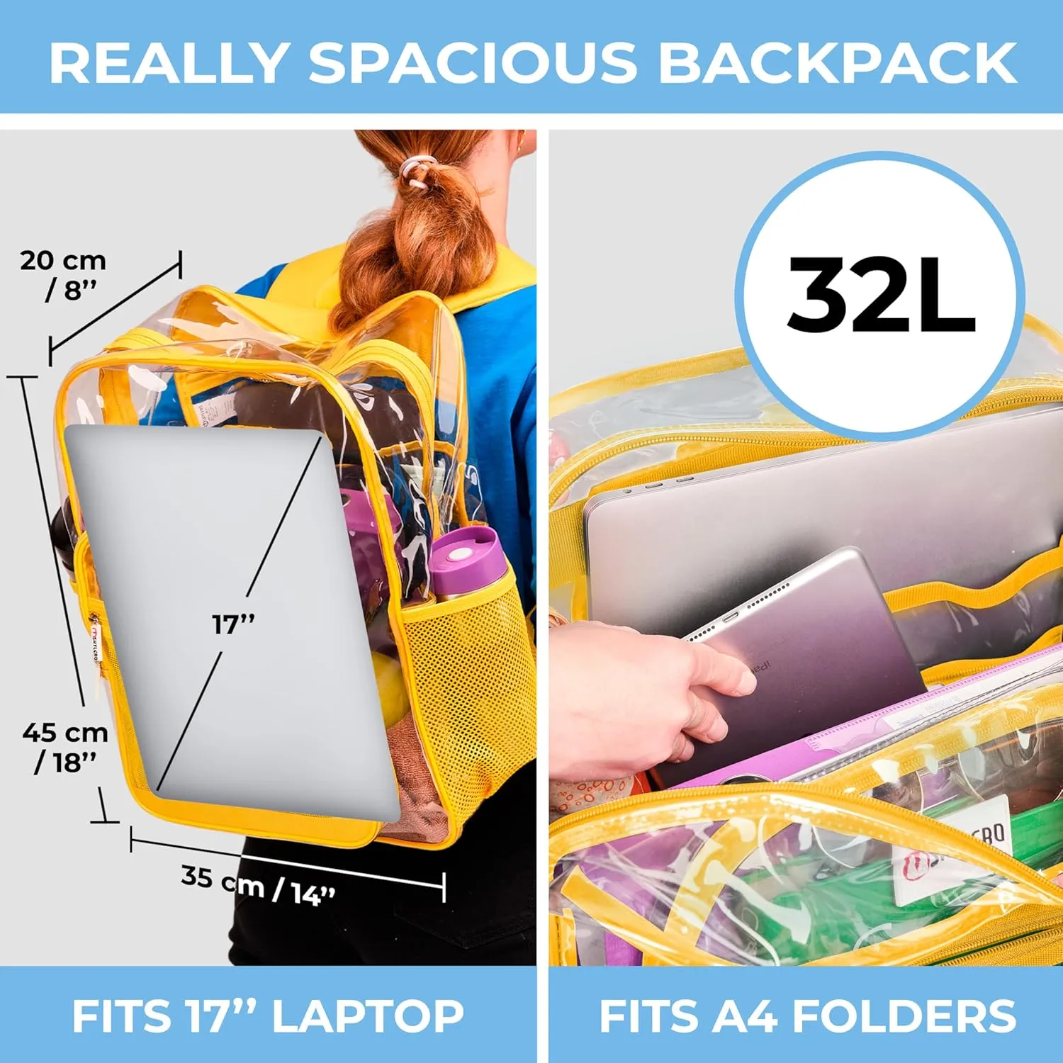 SHYLERO Clear Backpack Heavy Duty has TSA Lock, 2-WAY Zipper. PVC Transparent Backpack Is Extra Large - H18''xW14''xD8 - Yellow