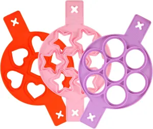 Silicone pancake mold heart shaped five star and circular, three color, three piece set