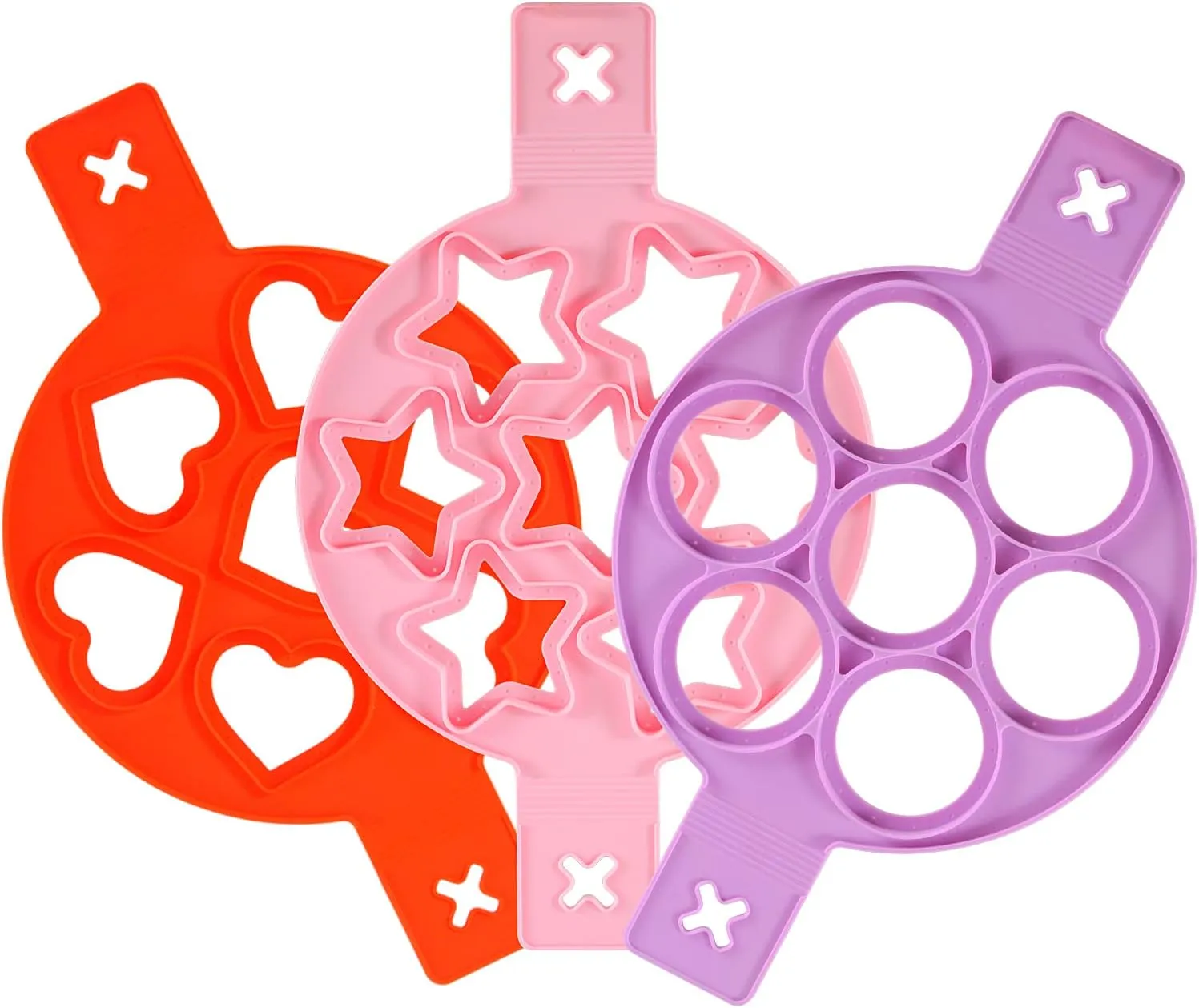 Silicone pancake mold heart shaped five star and circular, three color, three piece set