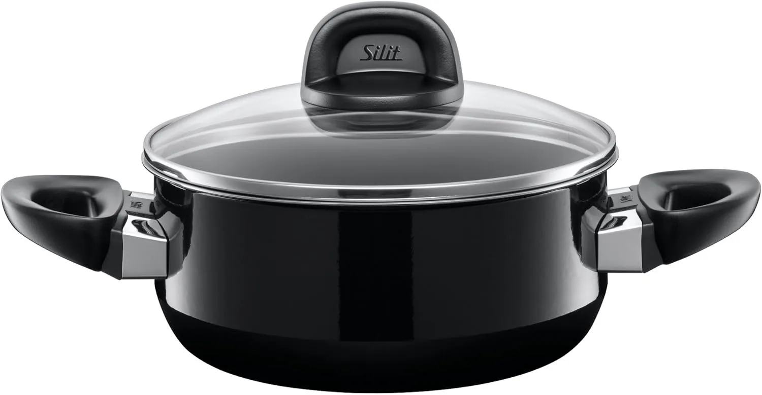 Silit Pot Ø 20 cm Approx. 2.4L Modesto Black Pouring Rim Made in Germany Glass Lid Silargan® Functional Ceramic Suitable for Induction Hobs Dishwasher-Safe