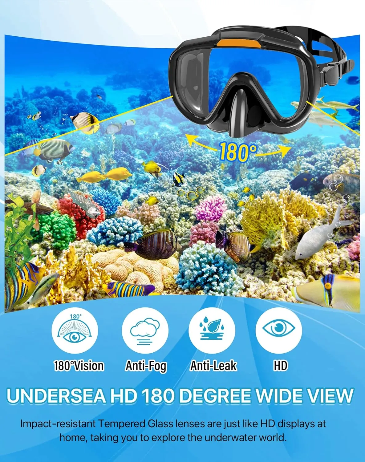 Snorkeling Gear for Adults Men Women,4 in 1 Snorkel Set with Panoramic View Diving Mask Anti-Fog Anti-Leak,Dry Top Snorkel,Fins and Travel Bag for Swimming,Snorkeling and Travel Diving