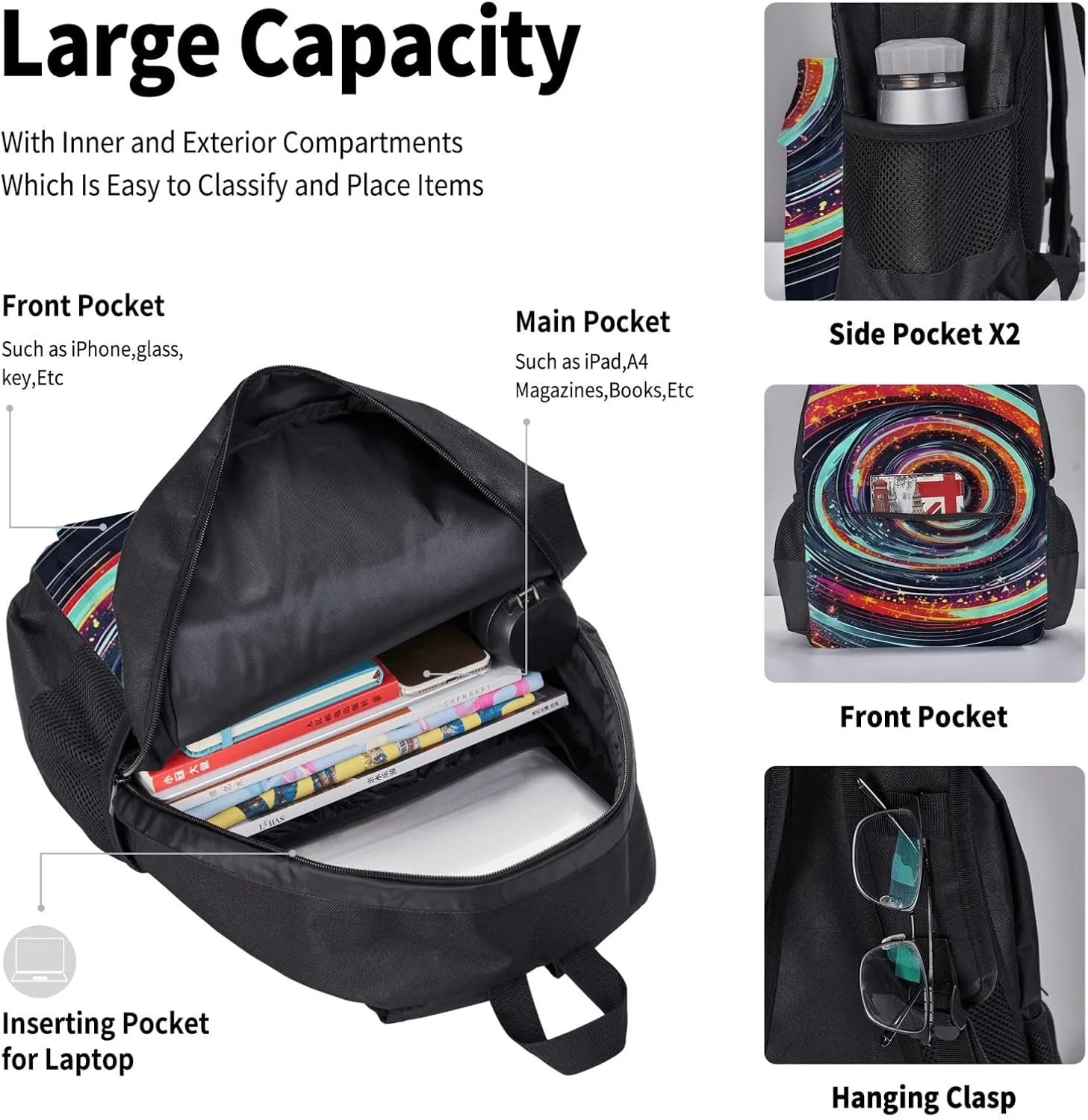 Space Spiral Cosmic Lightweight Print Backpack Pencil Case Insulated Lunch Bag Combination Three-Piece Suit,Daypack