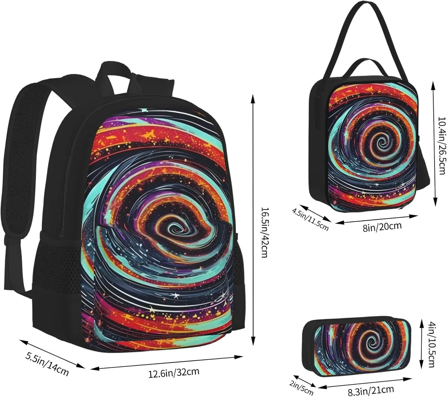 Space Spiral Cosmic Lightweight Print Backpack Pencil Case Insulated Lunch Bag Combination Three-Piece Suit,Daypack