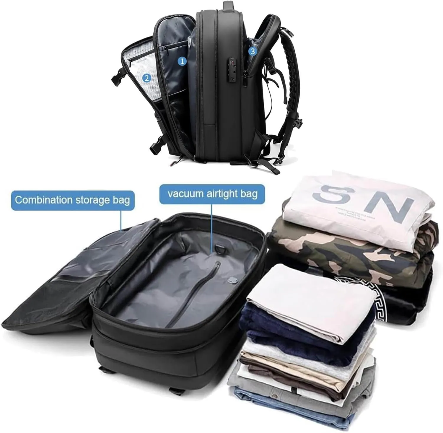 Spacevac Backpack, Vacpack Backpack with Vacuum, 60L Expandable Easy Vac Travel Bag with Pump, Waterproof & Anti-Theft (Black, With vacuum pump)
