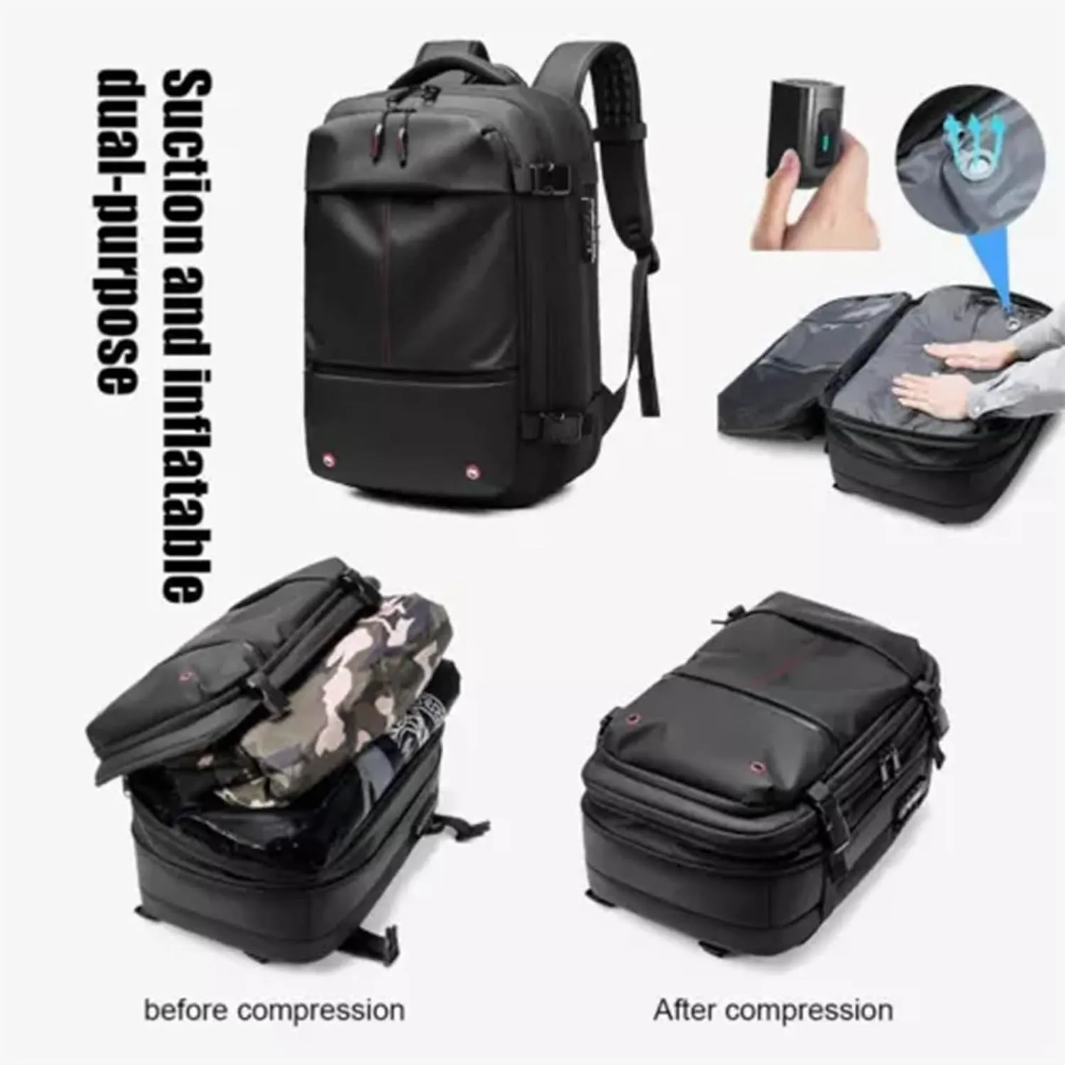Spacevac Backpack, Vacpack Backpack with Vacuum, 60L Expandable Easy Vac Travel Bag with Pump, Waterproof & Anti-Theft (Black, With vacuum pump)