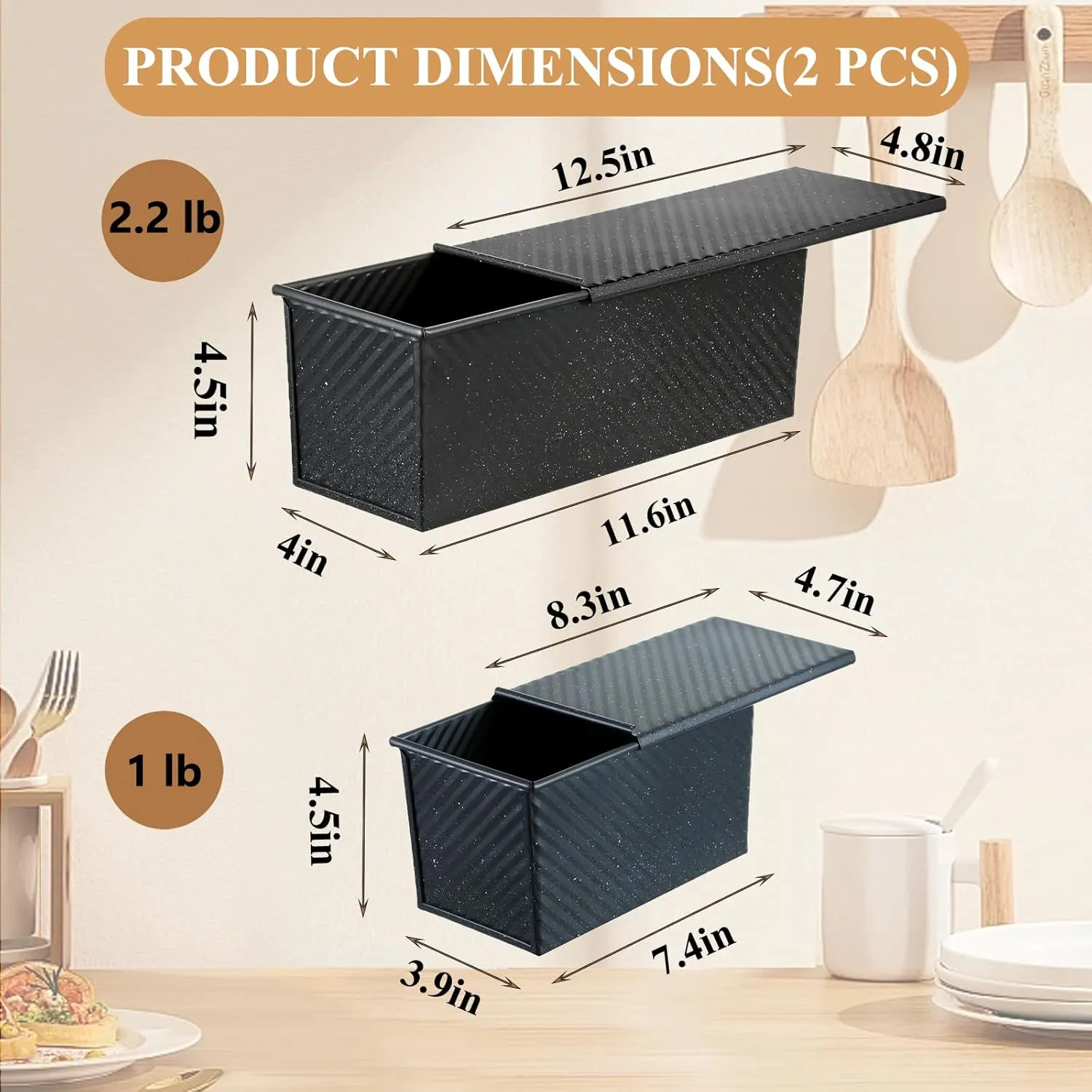 SS&CC Pullman Loaf Pan with Lid 2-Pack, 2.2lb & 1lb Carbon Steel Bread Pan for Homemade Sourdough & Sandwich Bread | Nonstick Bakeware, Heavy Duty & Easy Clean (Black, 1lb 2.2lb)