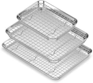 Stainless Steel Cookie Sheets, Baking Sheet Pan Set of 3, Half/Quarter/Jelly Roll Pans with Wire Cooling Rack, Non Stick and Heavy Duty and Easy Clean, 9/12/16 Inch