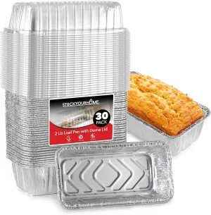 Stock Your Home Disposable Aluminum Loaf Pans with Lids, 2 Lb (30 Pack) Foil Baking Tins with Plastic Lid, Tin Pan with Cover for Cake, Banana Bread, Meatloaf, Mini Lasagna, Drip Trays