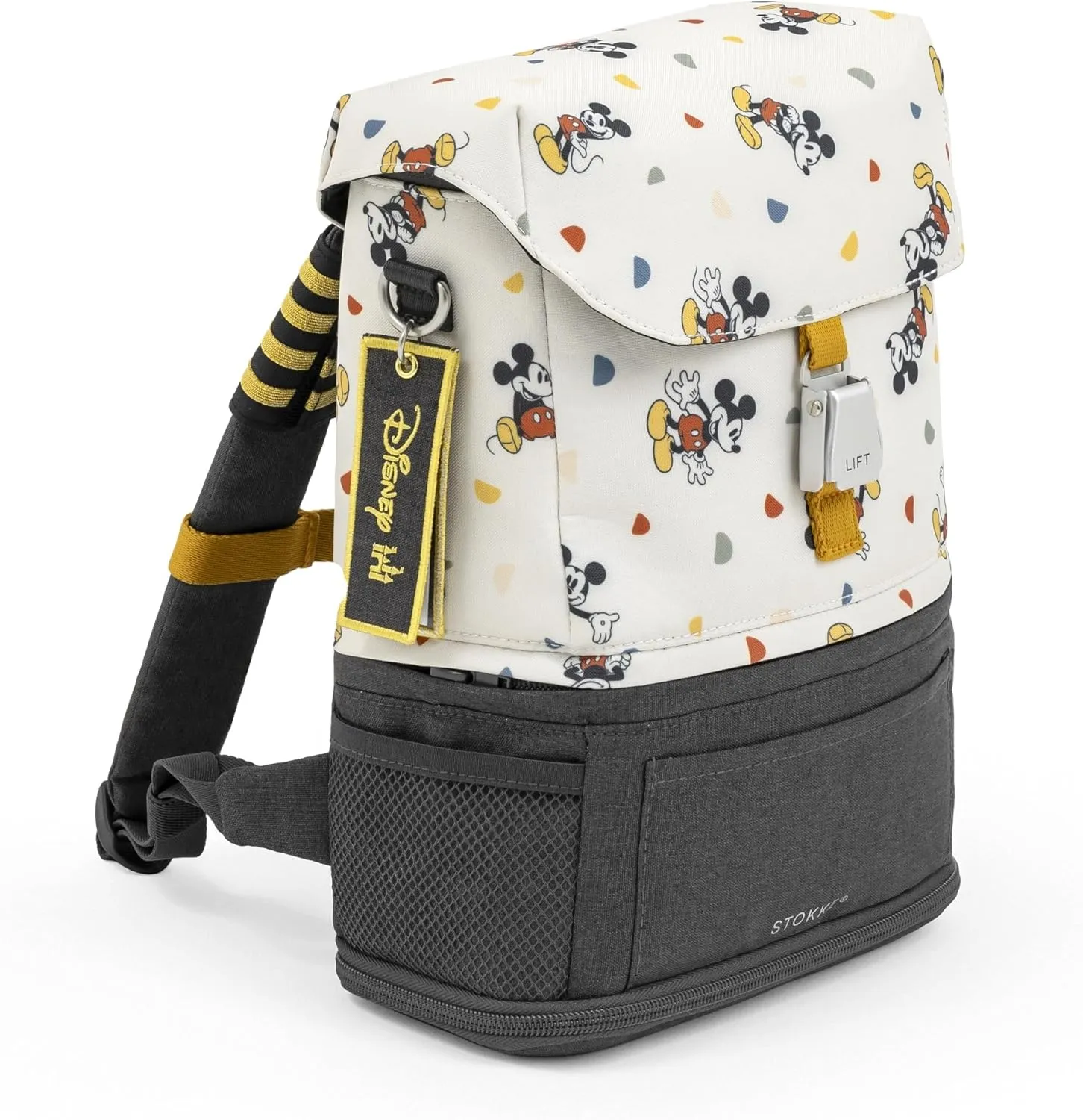 Stokke JetKids BackPack, Mickey Celebration - Expandable Design for Kids 2-7 Years Old - Easy-to-Clean, Water Repellent Fabric - Includes Pull-Out Seat Pad, Name Tag & Detachable Captain Stripes