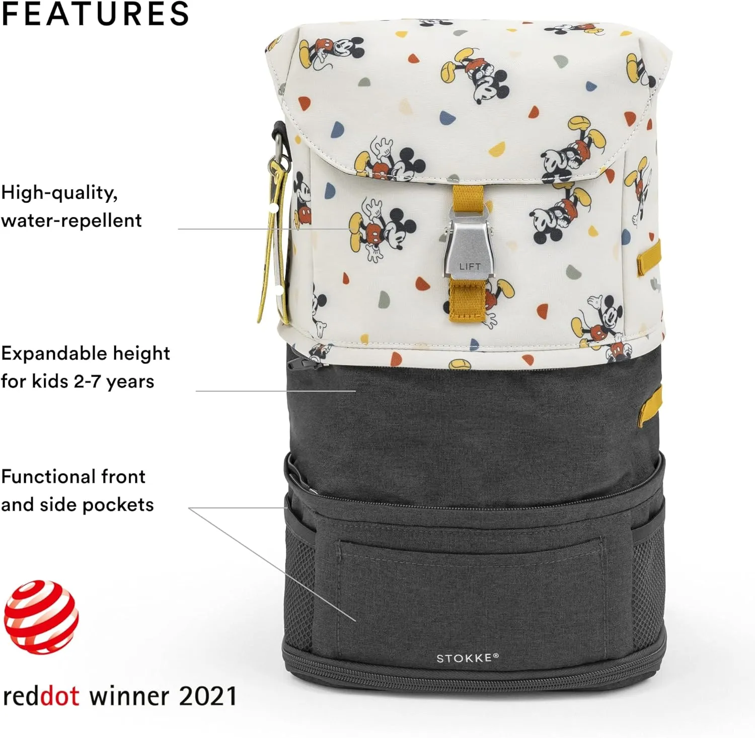 Stokke JetKids BackPack, Mickey Celebration - Expandable Design for Kids 2-7 Years Old - Easy-to-Clean, Water Repellent Fabric - Includes Pull-Out Seat Pad, Name Tag & Detachable Captain Stripes