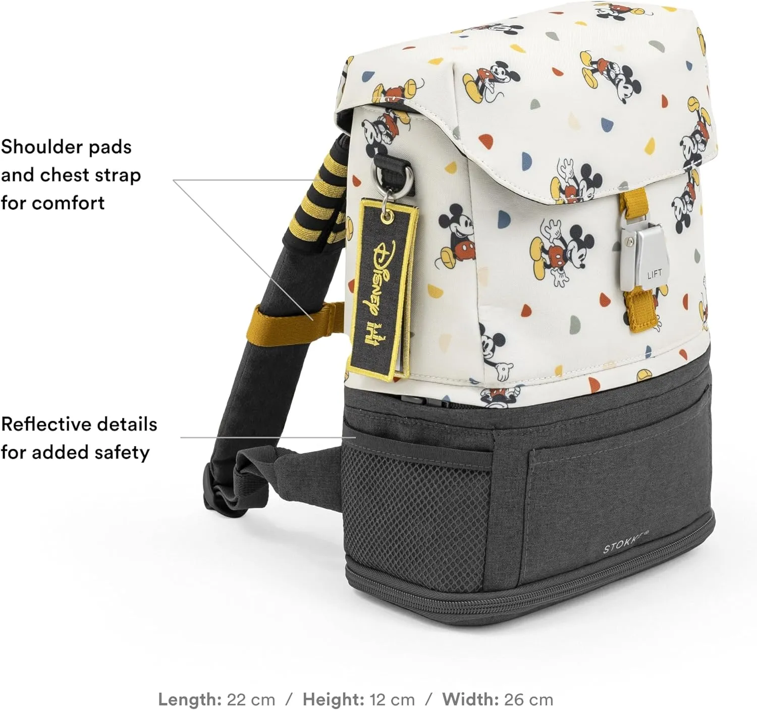 Stokke JetKids BackPack, Mickey Celebration - Expandable Design for Kids 2-7 Years Old - Easy-to-Clean, Water Repellent Fabric - Includes Pull-Out Seat Pad, Name Tag & Detachable Captain Stripes