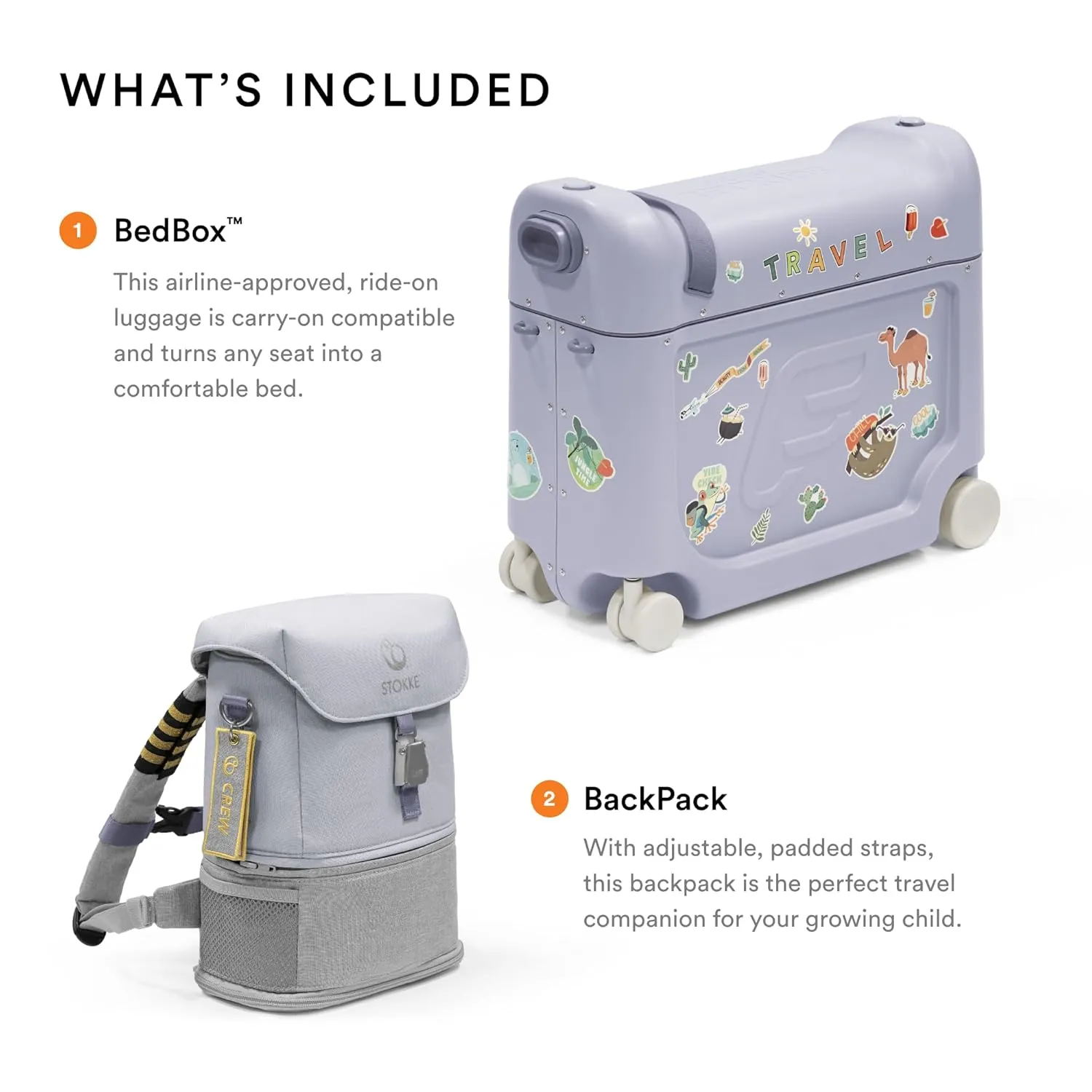 Stokke JetKids Travel Bundle, Arctic Blue - Includes BedBox Ride-On Suitcase & Backpack - Best for Kids 2-7 Years Old (Up to 77 lbs)