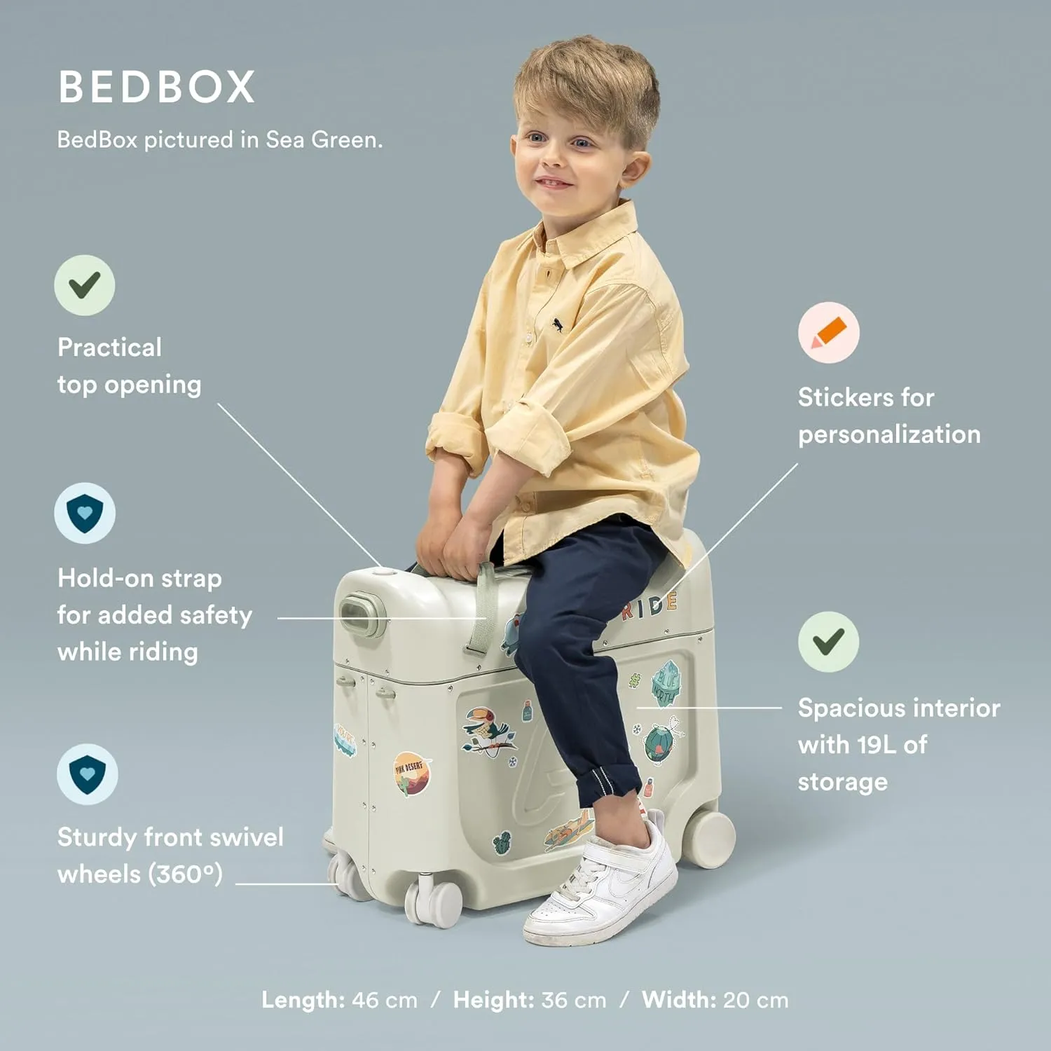 Stokke JetKids Travel Bundle, Midnight Grey - Includes BedBox Ride-On Suitcase & Backpack - Best for Kids 2-7 Years Old (Up to 77 lbs)