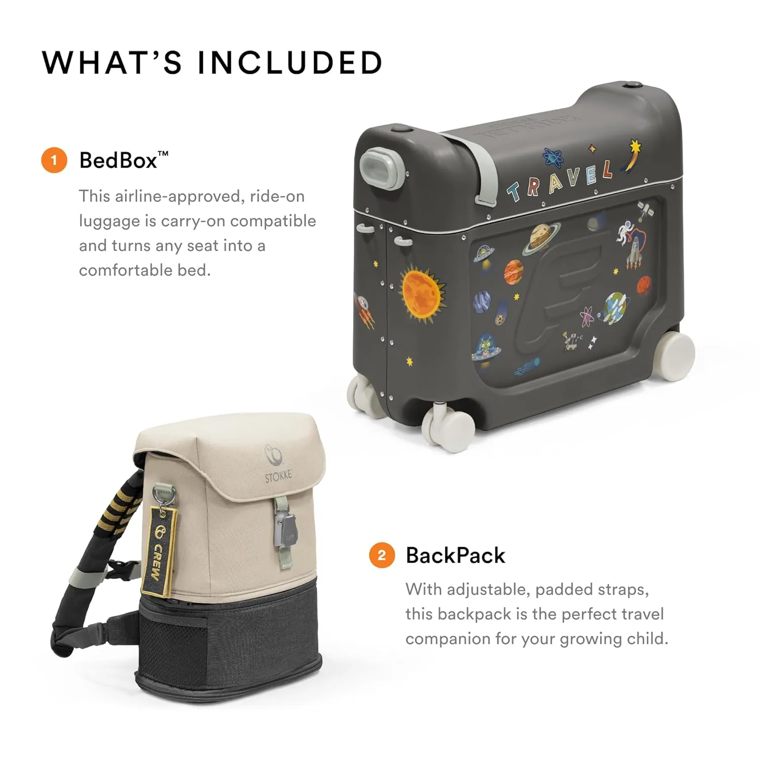 Stokke JetKids Travel Bundle, Midnight Grey - Includes BedBox Ride-On Suitcase & Backpack - Best for Kids 2-7 Years Old (Up to 77 lbs)