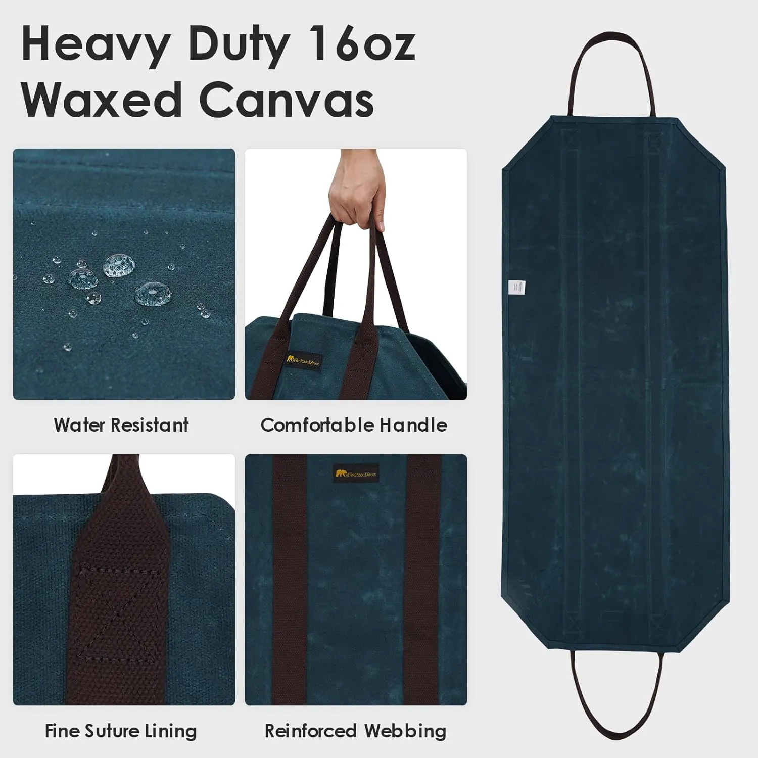 Sturdy Waxed Canvas Firewood Log Carrier, Durable Firepalce Wood Bag with Reinforce Duty Straps, BlueGreen
