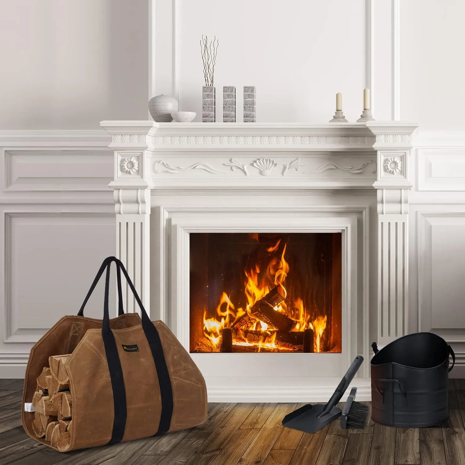 Sturdy Waxed Canvas Firewood Log Carrier, Durable Firepalce Wood Bag with Reinforce Duty Straps