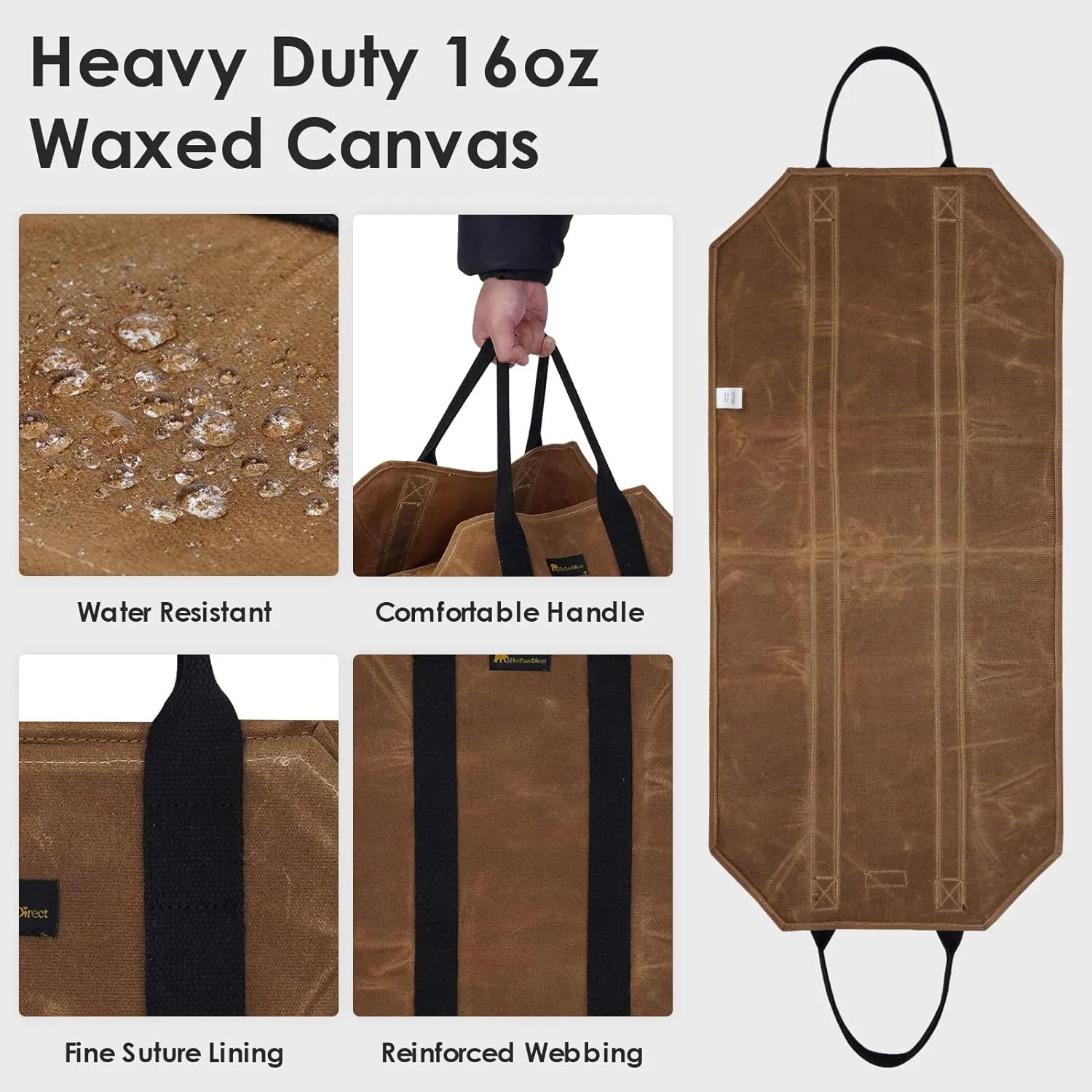 Sturdy Waxed Canvas Firewood Log Carrier, Durable Firepalce Wood Bag with Reinforce Duty Straps